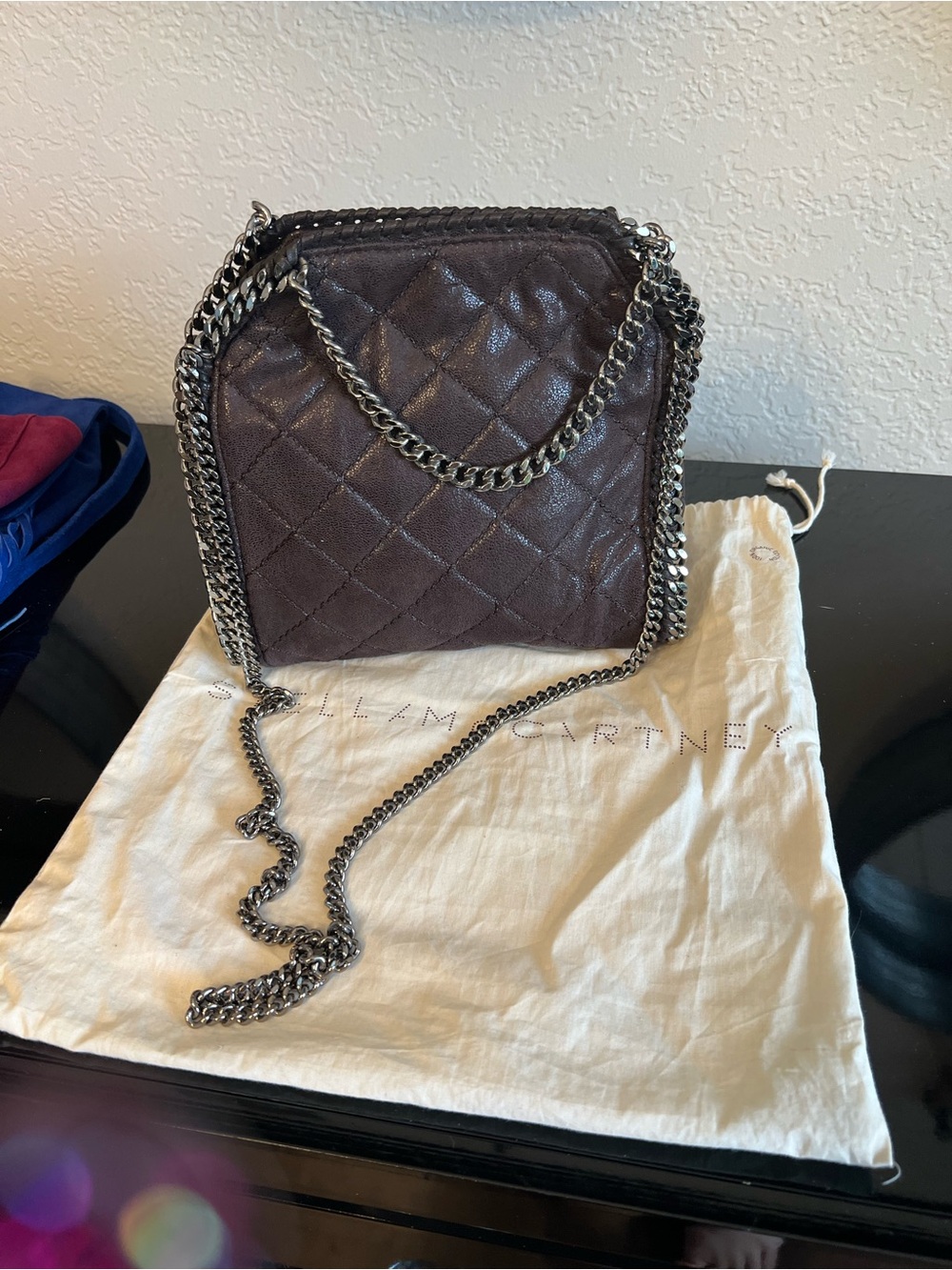 Stella McCartney Quilted Dark Brown Crossbody with Silver Chain Falabella Shaggy